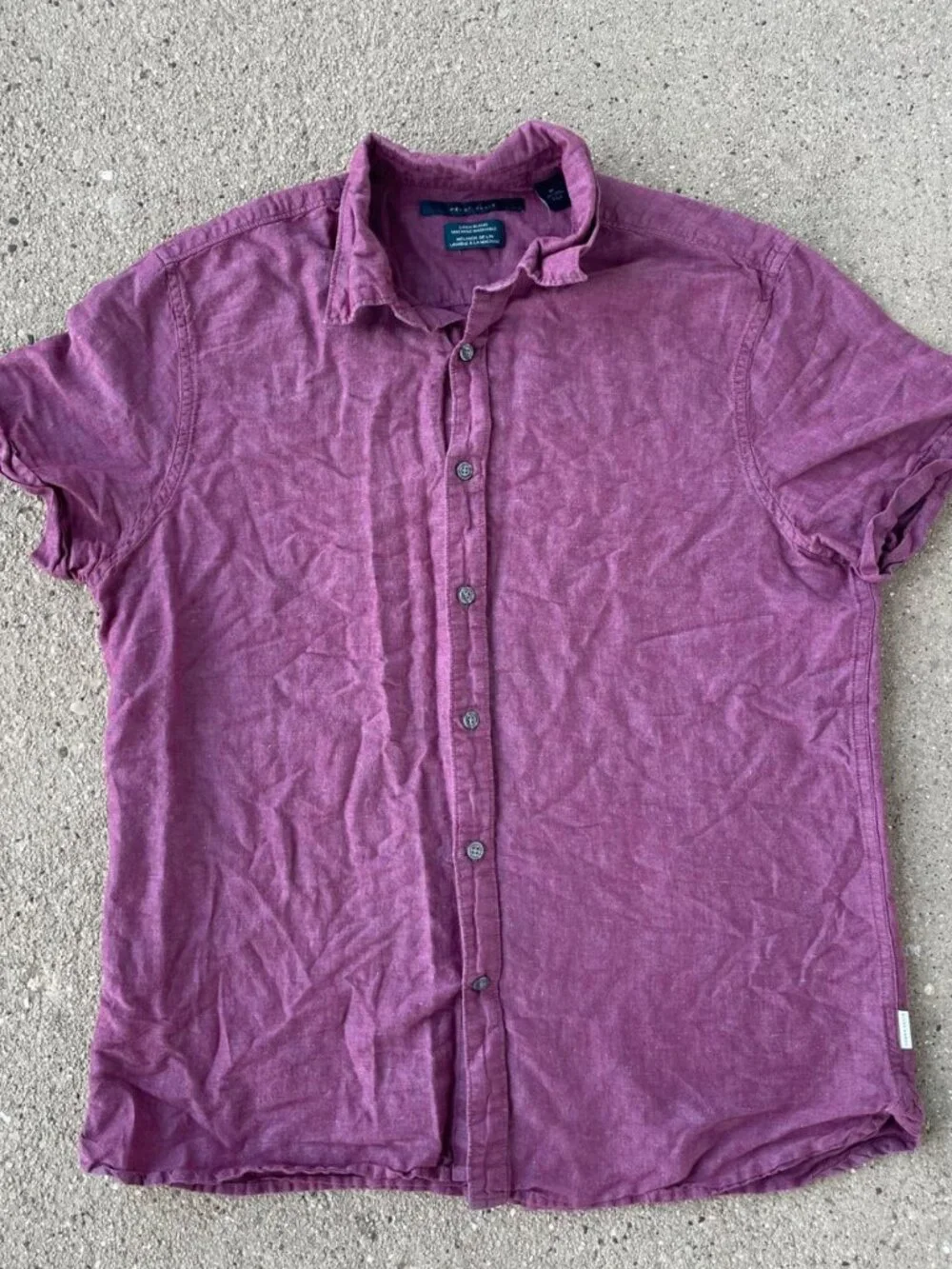Perry Ellis Short Sleeve Button Down Shirt Linen Cotton Purple Men M Lightweight